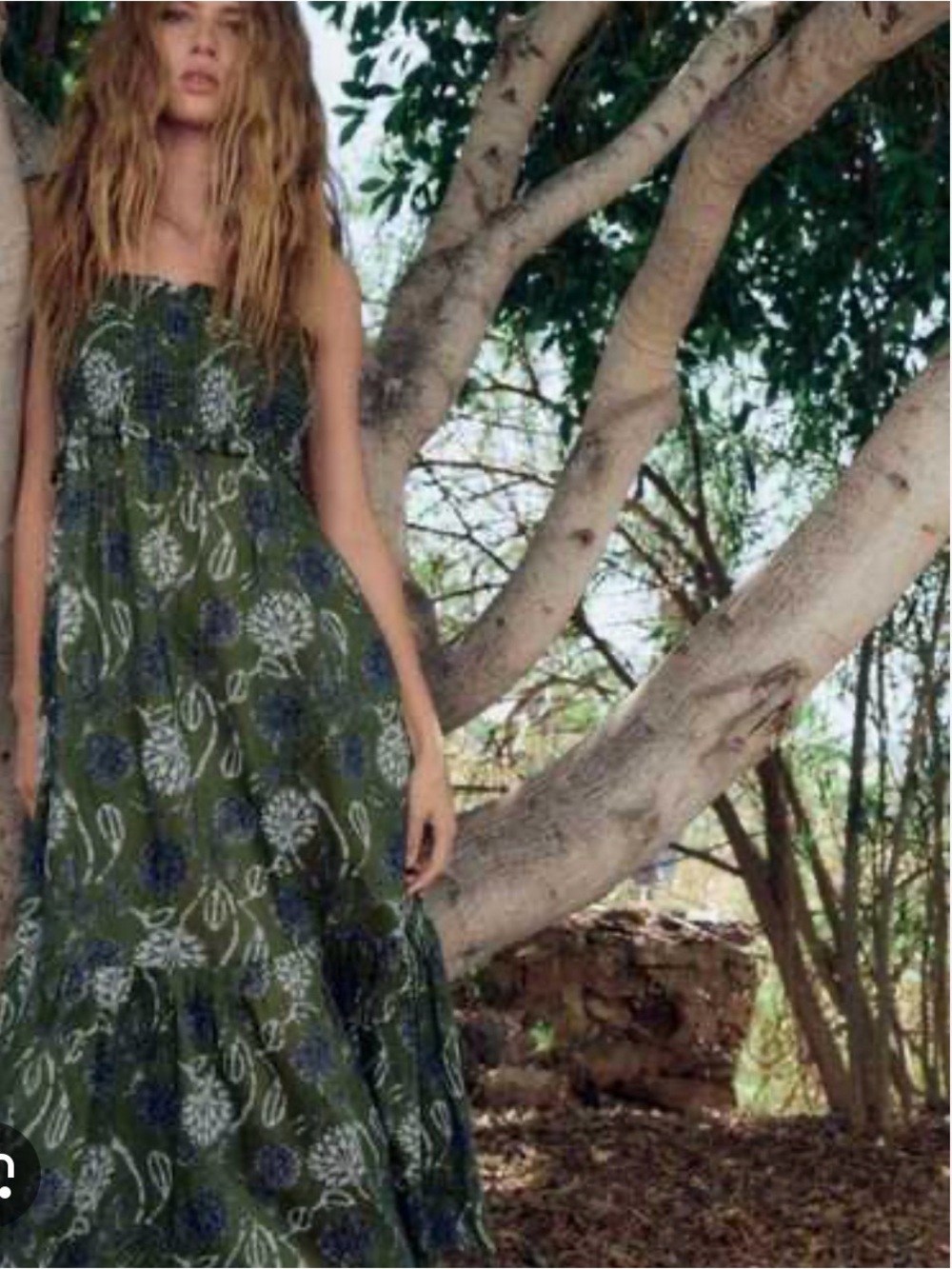 Zara Floral Smocked Tie-Shoulder Olive Floral Maxi Dress